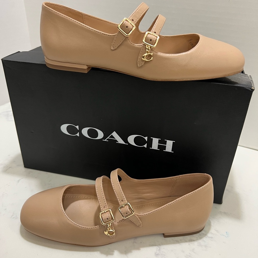 Coach Nude/Tan Double Strap Leather Ballet Flats with Gold Hardware